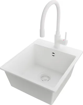 Produktbild von PRIMAGRAN Granitspüle Alles Weiß 38x44cm, Spülbecken 1 Becken + Küchenarmatur 38x14cm + Ablauf-Set, Küchenspüle ab 40er Unterschrank - Riga Easy