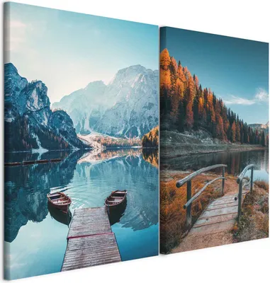 Zdjęcie produktu dla murando - Zestaw obrazów Handart Pejzaż górski z jeziorem Druk na płótnie 120x90cm 2 sztuki po 60x90cm Kolaż 2er Art Obrazy jak ręcznie malowane Duża grafika ścienna XXL - Łazienka c-B-10266-b-a