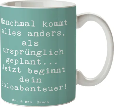 Produktbild von Mr. & Mrs. Panda Kaffeebecher Spruch Scheidung Soloabenteuer - Meeresbrise - Geschenk, Bedruckte Tasse, Kaffeepott, Heirat, Heiraten, Geschenke, positive Botschaften