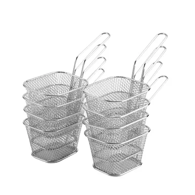 Image de 8 mini-paniers à friture en acier inoxydable pour frites, présentation de plats, passoire, ustensile pour la cuisson des pommes de terre