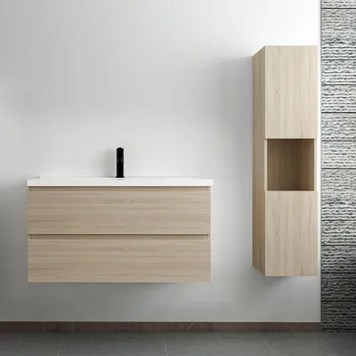 Image de Ensemble Meuble Salle de Bain Chêne, Meuble Lavabo 2 Tiroirs 99cm + vasque + Colonne Haute 131.5cm, suspendu, MDF