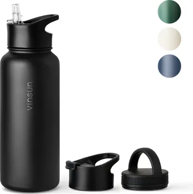 Produktbild von Vinsun Thermosflasche schwarz 1L - auslaufsicher, Kohlensäure geeignet, BPA frei - Strohhalm, Trinköffnung - isolierte Trinkflasche Edelstahl für Sport, Schule, Fahrrad, Büro, Camping