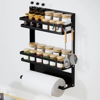 Produktbild von Gewürzregal mit Papierhalter und 4 Haken, Küchenorganizer ohne Bohren