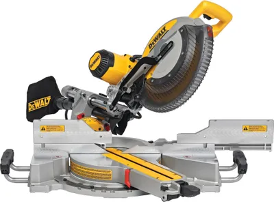 A Dewalt miter saw is shown against a white background.