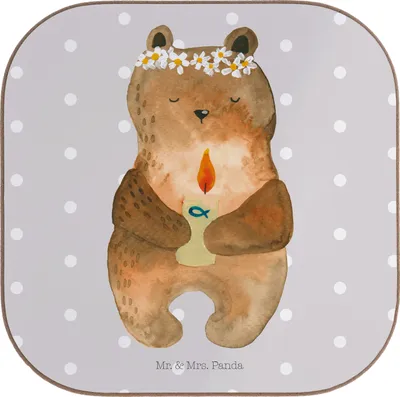Produktbild von Mr. & Mrs. Panda Untersetzer für Gläser Bär Kommunion - Grau Pastell - Geschenk, Katholisch, Holzuntersetzer, Taufkerze, Gottes Segen, Glas, Tasse, Coaster, Teddy