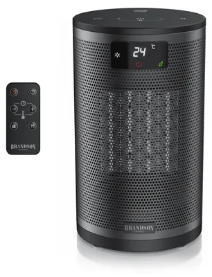 Immagine prodotto di Riscaldatore ceramico Brandson da 1500 W con telecomando e display LED, 2 livelli di riscaldamento, modalità ECO, termostato regolabile da 15 a 35 gradi, timer fino a 8 ore, colore nero e argento