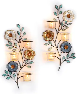 Productafbeelding van Kandelaar Metaal Decoratie: Wand Kandelaar Set van 2 met 6 Theelicht Glas
