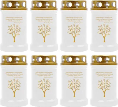 Produktbild von Grabkerze Weiß 8er Pack ( Druck Gold ), 40 Stunden/Kerze, Motiv: Baum
