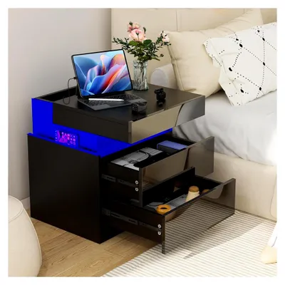 Produktbild von Hochglanz-Nachttisch in Schwarz mit 2 Schubladen für Schlafzimmer und Wohnzimmer
