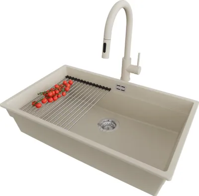 Produktbild von PRIMAGRAN Unterbauspüle Granit Beige 76x47cm, Spülbecken 1 Becken + Ablauf-Set + Küchenzubehörset, Granitspüle ab 80er Unterschrank - Praga