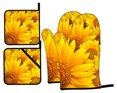 Produktbild von Set aus 4 rutschfesten Grillhandschuhen und Topflappen mit Sonnenblumenmotiv, hitzebeständig für Küche, Kochen, Backen und Grillen