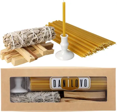 Productafbeelding van 5 Palo Santo wierookhout, 1 witte salie om te roken, 50 bijenwas kaarsen en 1 kaarsenhouder - ideaal voor meditatie, kamerreiniging en aromatherapie