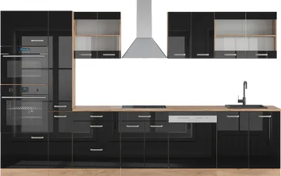 Produktbild von Küchenzeile Vicco R-Line Schwarz Hochglanz/Goldkraft Eiche 350 cm mit Hochschrank, ohne Arbeitsplatte, Model 40978