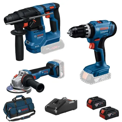 Produktbild von KOMBI-SET 3 WERKZEUGE: Akku-Schlagbohrschrauber GSB 18V-25 + Akku-Bohrhammer GBH 18V-18 + Akku-Winkelschleifer GWS 18V-8 + Akkus GBA 2 x 4,0Ah + Ladegerät GAL 18V-4