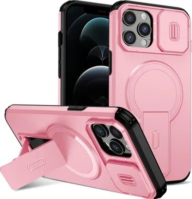 Obrázek produktu pro Magnetické pouzdro pro iPhone 12 Pro Max, dvouvrstvé odolné pouzdro s posuvnou ochranou fotoaparátu a nastavitelným stojánkem Růžová