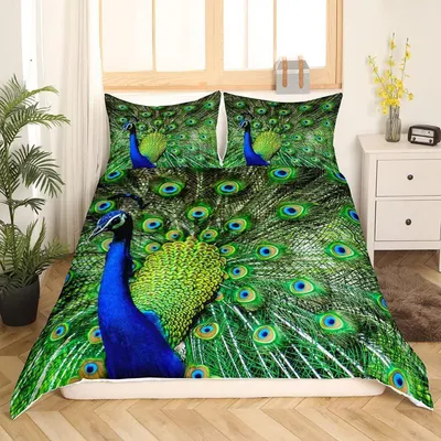 Productafbeelding van Bettenset, 135x200 cm, groen, met pauwenveerpatroon, 2-delig, met rits, microvezel
