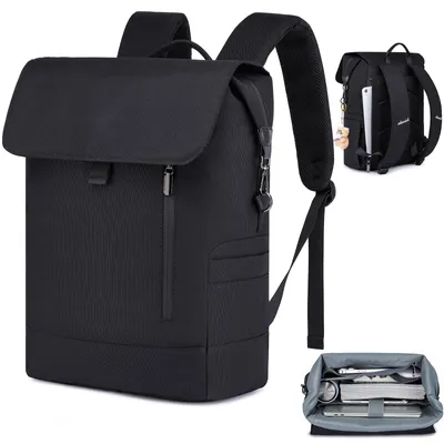 Produktbild von OKWISH Rucksack Damen & Herren - Rolltop Daypack für Arbeit Uni Fahrrad - Backpack mit 15.4 Zoll Laptop Fach - Rückenpolsterung & Wasserabweisend Schwarz