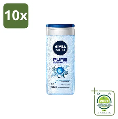 Produktbild von 10 x Nivea Men Douchegel Pure Impact 3-in-1 - 250 ml - Großpackung - 10 Stücke