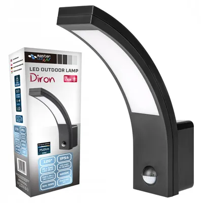 A black LED outdoor lamp with a curved design and a motion sensor, shown next to its packaging.