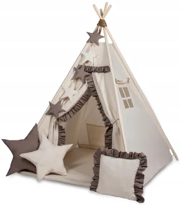 Obrázok produktu pre Detský nočný teepee Didibaby – teepee stan s podložkou, 3 vankúšmi, girlandou, 115 x 115 x 160 cm, bavlna, béžovo-hnedá