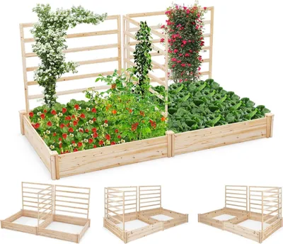 Produktbild von GOPLUS Blumenkasten mit Rankgitter, Hochbeet mit 3 Spalieren, Pflanzkasten aus Tannenholz, Gartenspalier für Kletterpflanzen (222 x 114 x 110 cm)