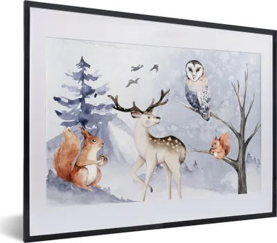 Produktbild von MuchoWow® Gerahmtes Poster Winter - Schnee - Hirsche 40x30 cm - Poster mit Schwarzem Bilderrahmen Wandposter Rahmen Foto Bilder - Bilderrahmen - Poster im Rahmen