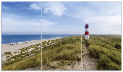 Produktbild von Wallario Herdabdeckplatte aus Glas, Größe 90 x 52 cm 3-teilig, Motiv Am Strand von Sylt  Leuchtturm auf der Düne  Panorama