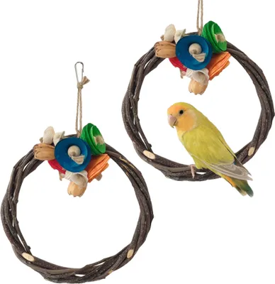 Produktbild von 2stk Kreis Apfel Holz Zweig Stroh Stand Vogel Sitzstangen Stand Hanging Kauspielzeug Für Papageien Vogel Spielplatz Käfig Zubehör Futtersuche