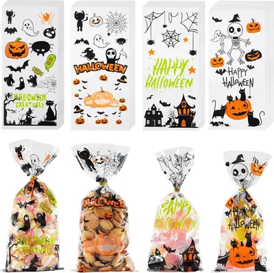 Produktbild von Halloween-Zellophan-Leckerli-Beutel, 180 Stück Halloween-Süßes oder Saures-Geschenkknebel mit 200 Stück Drehungen zum Verpacken von Snacks, Keksen, Halloween-Geschenktüten-Partyzubehör
