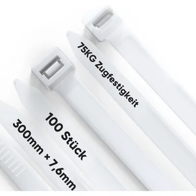 Obrázek produktu pro Bílé stahovací pásky, 100 kusů, délka 300 mm, šířka 7,6 mm, pevnost v tahu 75 kg, odolné vůči UV záření, samozacelovací, nylon