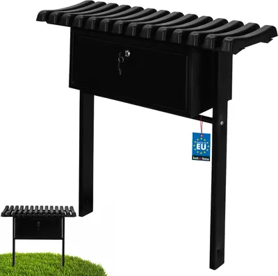A black metal and PVC park bench with a lockable compartment, shown on a white background with a small inset image of the bench on grass.