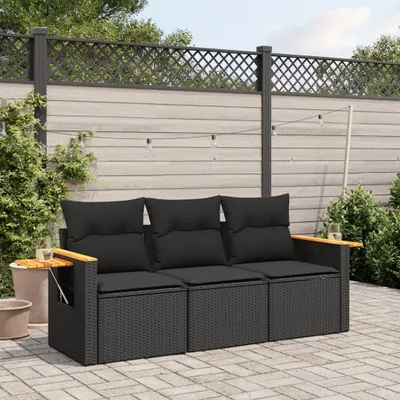 Produktbild von Design 3-tlg. Garten-Sofagarnitur mit Kissen Schwarz Poly Rattan, Gartenmöbel-Sets 2024 Neu