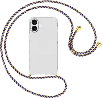 Produktbild von Handykette Backcover-Schutzhülle mit Band (Metall goldfarben) für iPhone 16 Plus - blau+beige