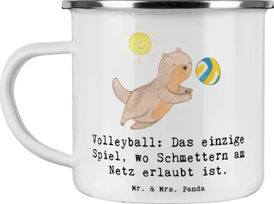 Produktbild von Mr. & Mrs. Panda Emaille Tasse Volleyball Schmettern - Weiß - Geschenk, Sportler Geschenke, Teamarbeit, Schnelligkeit, becher, Netz, Gemeinschaft, Agilität, Kaffeepott