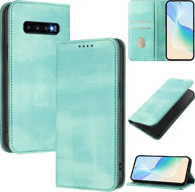 Image de Étui pour Samsung Galaxy S10+, étui en cuir vintage avec protection RFID, fentes pour cartes, support Turquoise