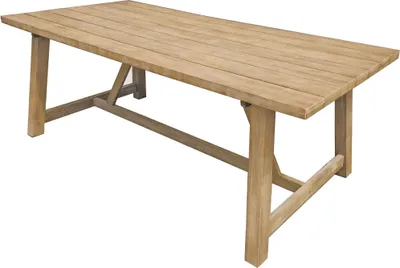 A rectangular wooden table with a slatted top and a trestle-style base, shown against a white background.