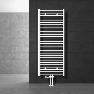 Produktbild von LuxeBath Badheizkörper Mittelanschluss 600 x 1500 mm Weiß gerade mit Thermostat und Anschlussgarnitur Durchgang Boden Weiß - Heizkörper, ohne Heizstab