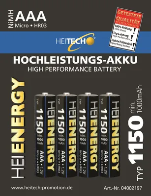 Produktbild von Heitech NiMh Micro AAA Akku, Hochleistungsakku, 1000mAh, 4er Pack, Typ 1150