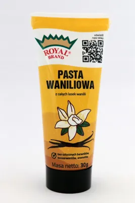 A tube of vanilla paste on a white background.