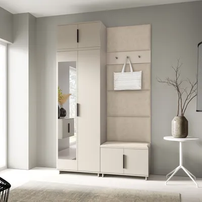 Produktbild von Garderoben-Set Napoli Version 4: Kleiderschrank mit Polsterpaneelen, Schuhschrank Flur und Eingangsbereich (Cashmere/Trinity 02)