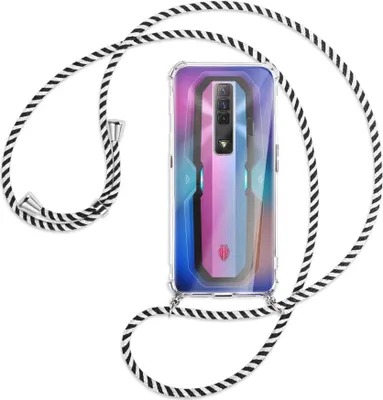 Produktbild von Handykette Backcover-Schutzhülle mit Band (Metall silberfarben) für ZTE nubia Red Magic 7 - schwarz/weiß gestreift