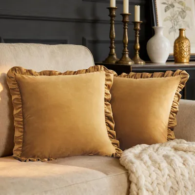 Image de Ensemble de 2 housses de coussin en velours, dimensions 45 x 45 cm, couleur or foncé