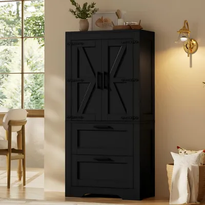Produktbild von Flieks Küchenschrank mit 2 Schubladen, verstellbaren Einlegeböden, Buffetschrank im Scheunentür Design, Sideboard für Küche,Esszimmer, Schwarz
