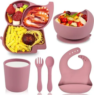 Immagine prodotto di Set per neonati in silicone, 6 pezzi, senza BPA, antiscivolo, set per neonati per bambine, rosa