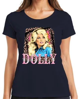 Zdjęcie produktu dla Damska koszulka z nadrukiem "Dolly Parton, ikona country, wschodnioamerykańska piosenkarka, motyw kowbojski", kolor granatowy, rozmiar S