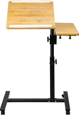 A mobile laptop table with adjustable height and two surfaces.