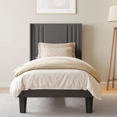 Produktbild von Bealife BF44 Upholstered, Einzelbett, Einzelbettrahmen mit Wingback-Kopfteil, 208 x 94 x 122cm, gepolstertes Plattformbett mit modernem, dunkelgrau