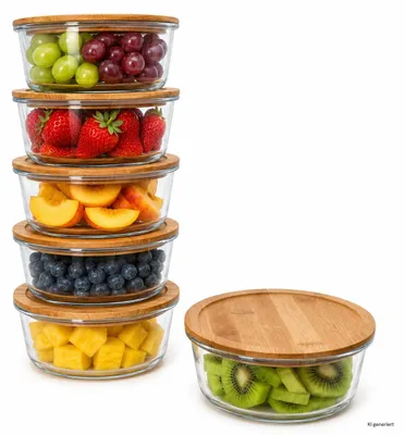 Produktbild von 6x Esperanza Vorratsdose rund 900ml Glas & Holzdeckel Aufbewahrungsbox, KI-generiertes Bild