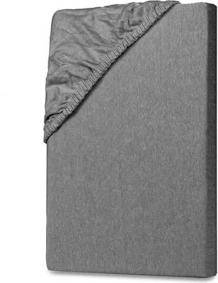 A gray fitted sheet is shown folded and placed on a surface.