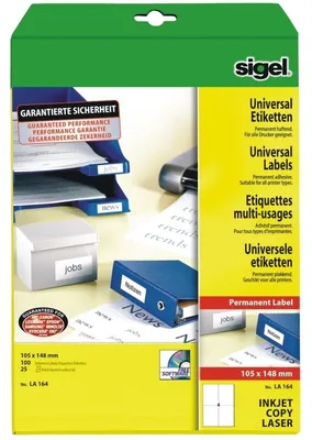Produktbild von SIGEL LA164 Universal-Etiketten, 105 x 148 mm, weiß, 100 Etiketten